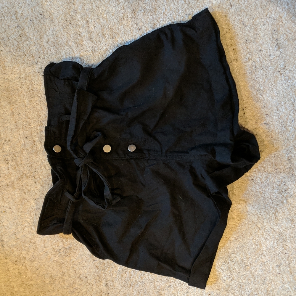 Black Paper Bag Shorts With Belted Waist